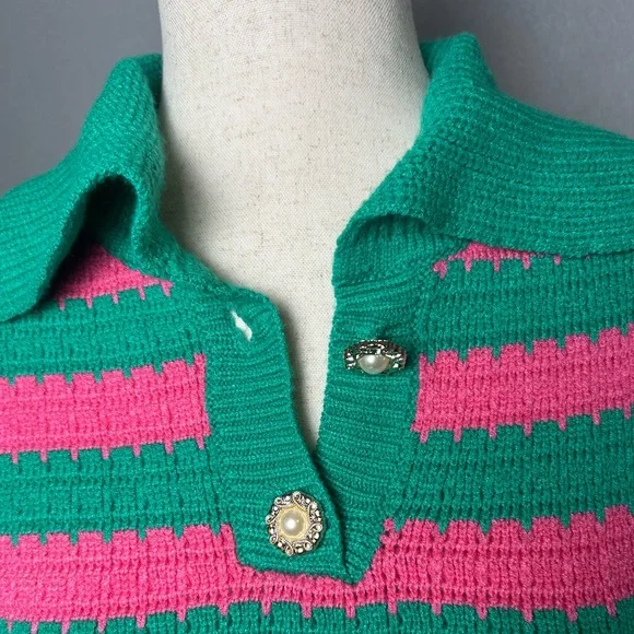 THML Green & Pink Pullover knit polo sweater preppy academia twee NWT XS - Picture 3 of 7